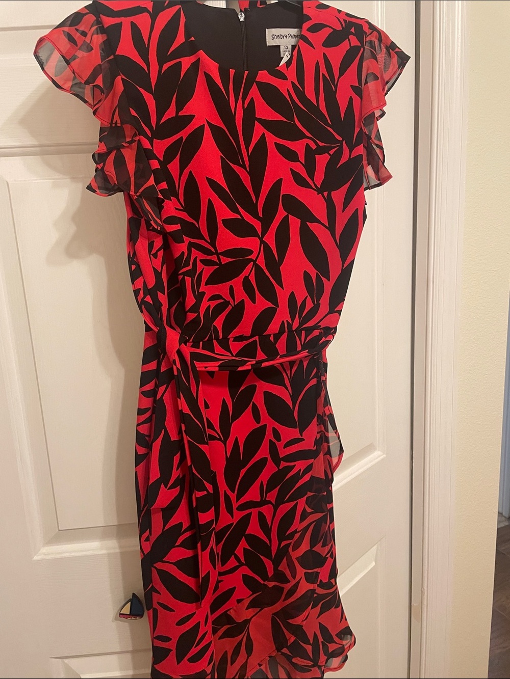 Shelby & Palmer Red and Black Leaf-Print Midi Dress with Tie Waist
